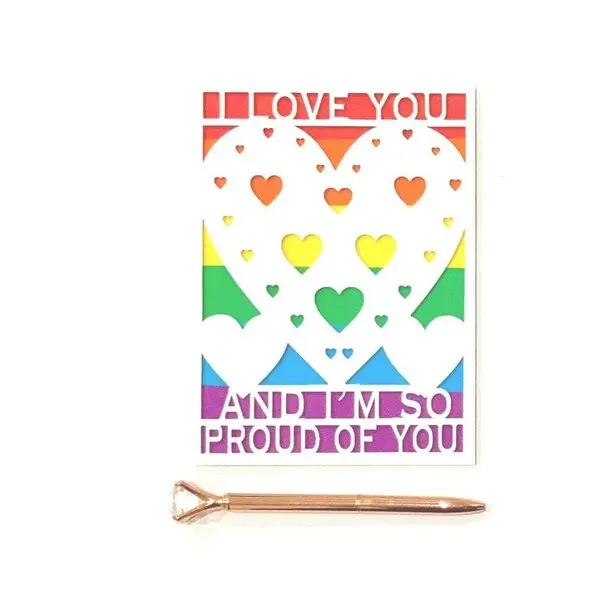 Rainbow paper-cut heart card, I love you and I'm so proud of you